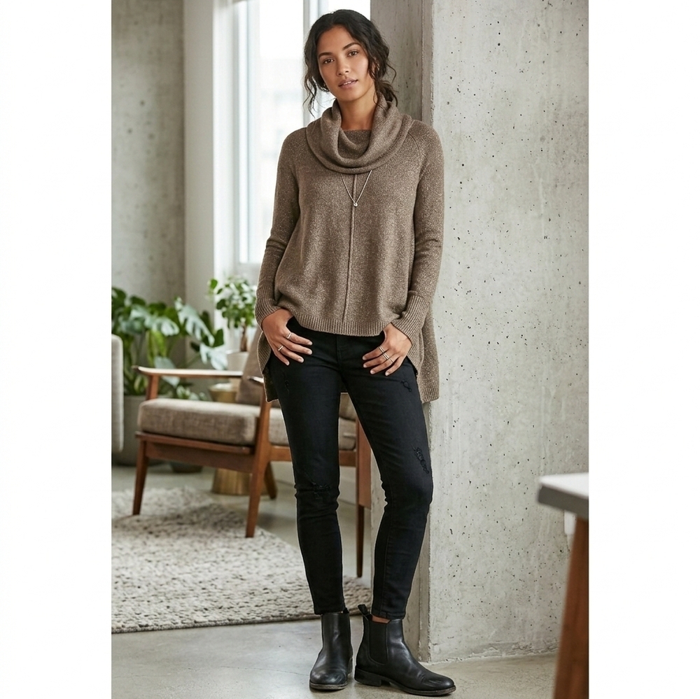 Yet Again Tan Alpaca Blend Cowl Neck Split Sides Sweater Size XS